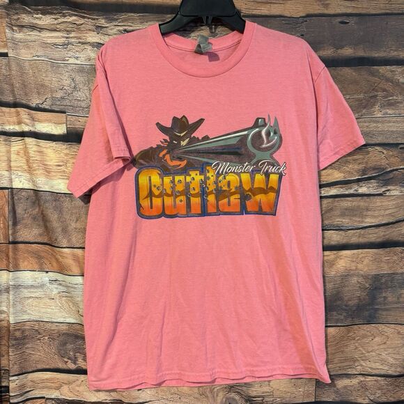 Monster Truck Outlaw T-Shirt Large Pink SS Double Sided Outrunnin’ The Law Jam - Picture 1 of 9